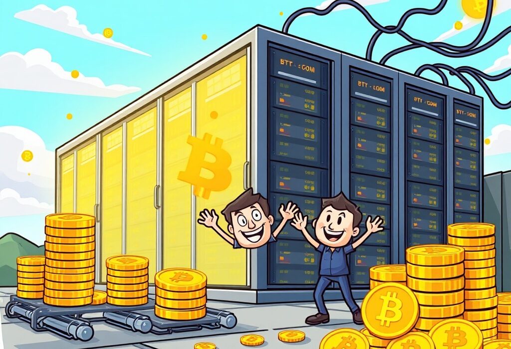 A vibrant cartoon illustrating the significant CleanSpark Bitcoin mining achievement, showing a successful crypto operation adding to its digital asset reserves.