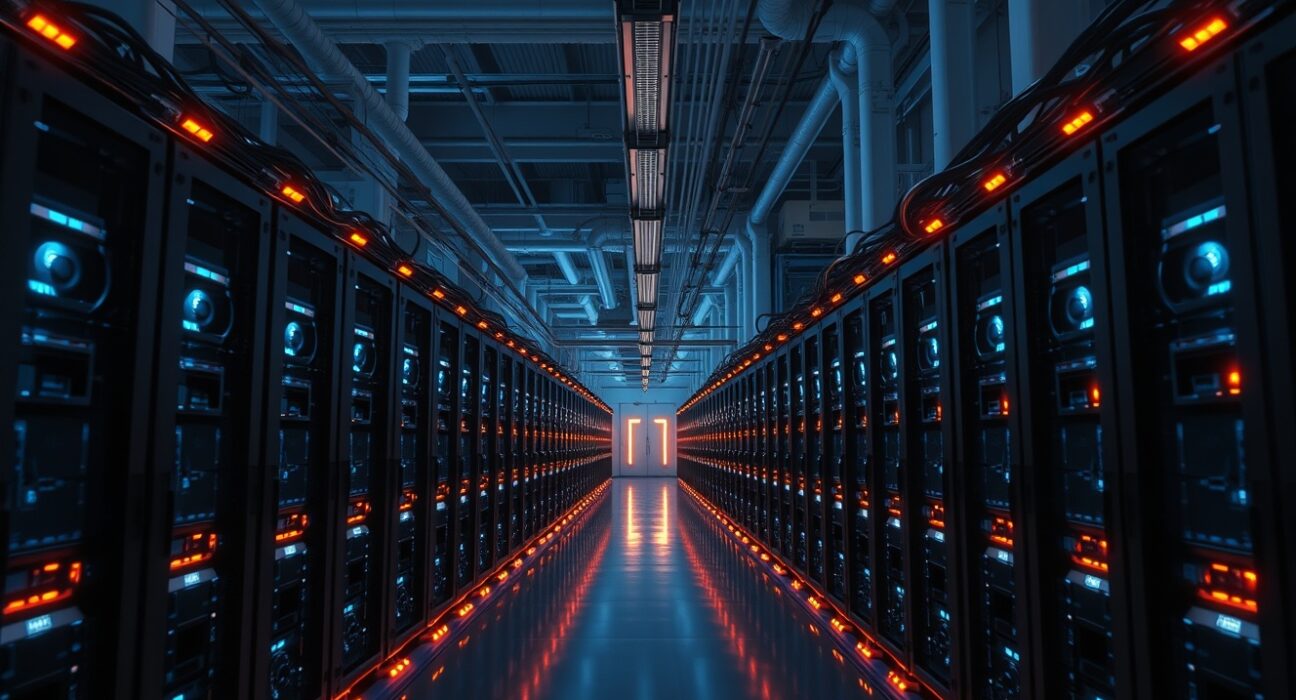 Interior of a modern Bitcoin mining facility with rows of mining rigs glowing blue and orange.
