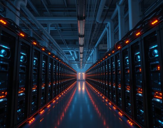 Interior of a modern Bitcoin mining facility with rows of mining rigs glowing blue and orange.