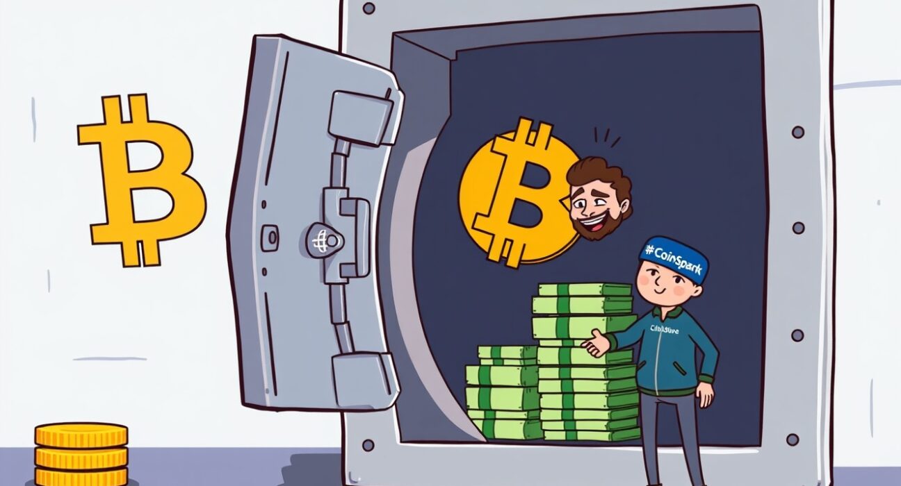A cartoon illustration depicting CleanSpark securing a $100M CleanSpark credit line with Bitcoin collateral, symbolizing financial growth and strategic partnerships in crypto mining.