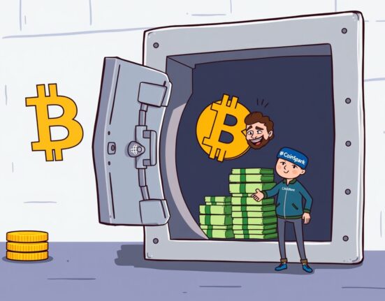 A cartoon illustration depicting CleanSpark securing a $100M CleanSpark credit line with Bitcoin collateral, symbolizing financial growth and strategic partnerships in crypto mining.