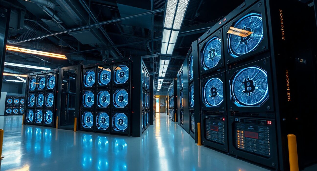 Interior of a large Bitcoin mining facility with rows of ASIC mining machines.