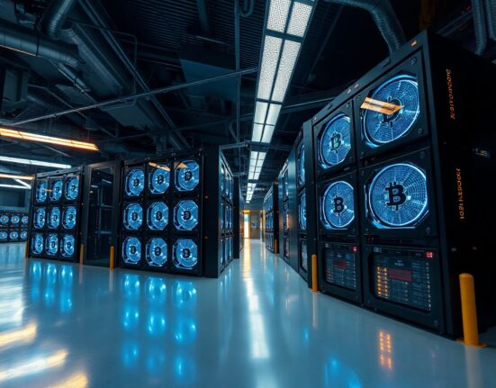 Interior of a large Bitcoin mining facility with rows of ASIC mining machines.