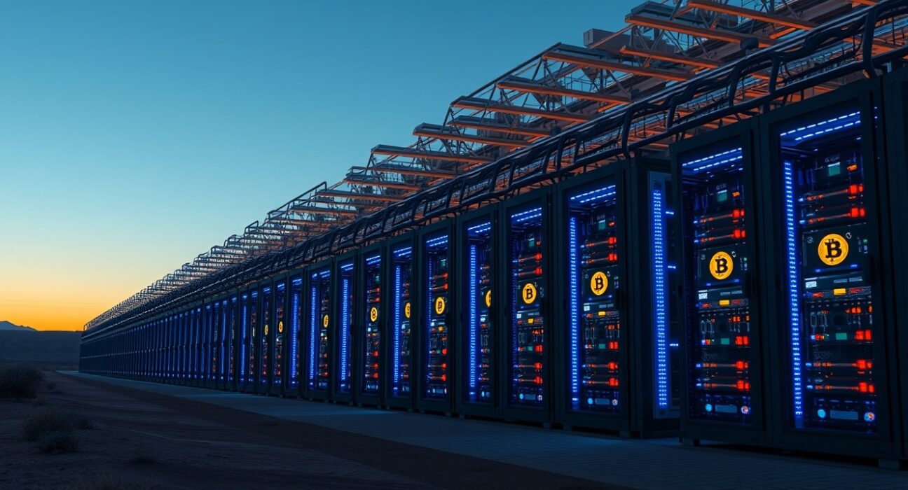 Exterior view of a large Bitcoin mining data center at dusk with glowing mining rigs inside.