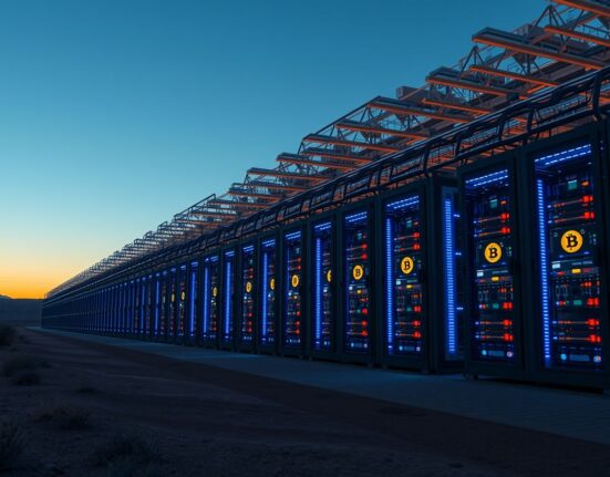 Exterior view of a large Bitcoin mining data center at dusk with glowing mining rigs inside.