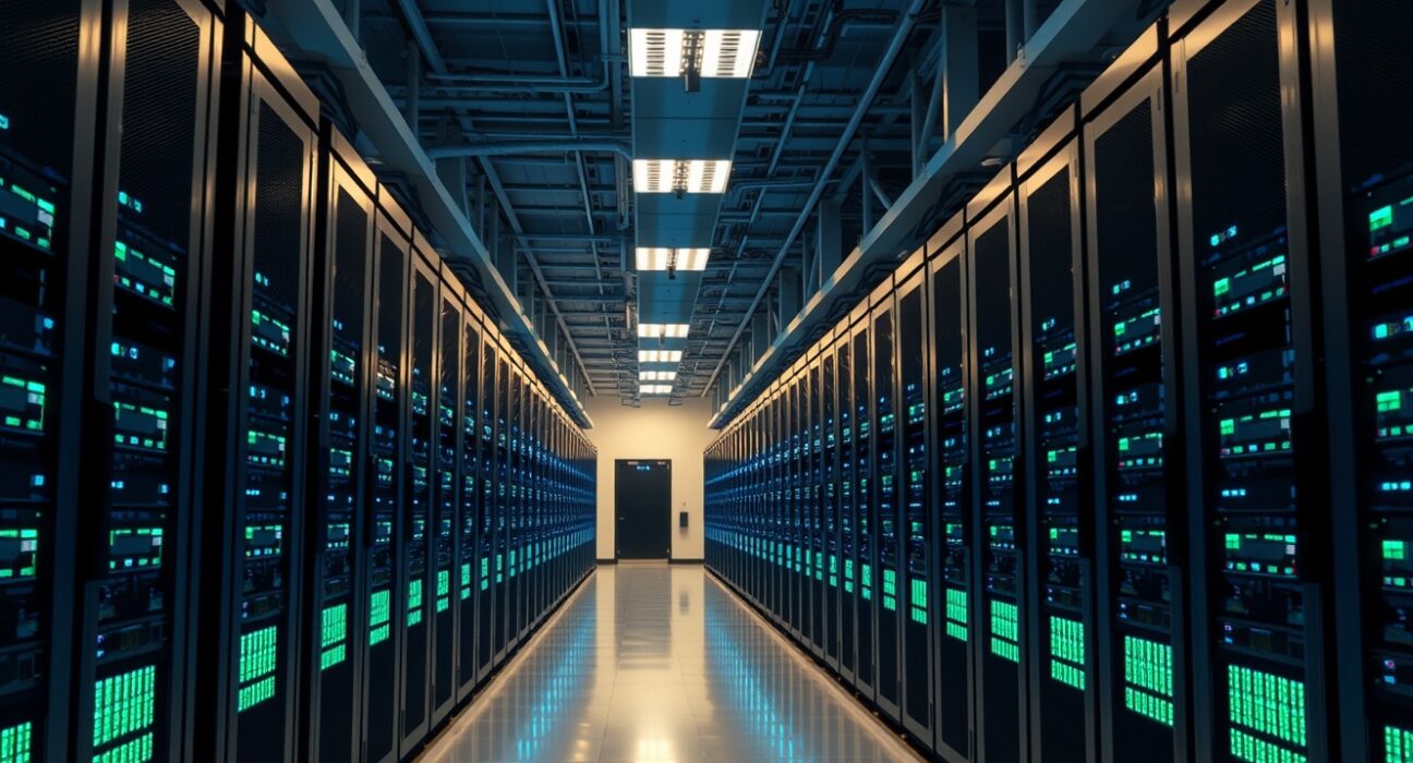 Interior view of a large Bitcoin mining facility with rows of mining computers.
