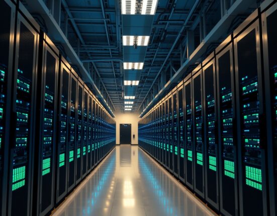 Interior view of a large Bitcoin mining facility with rows of mining computers.