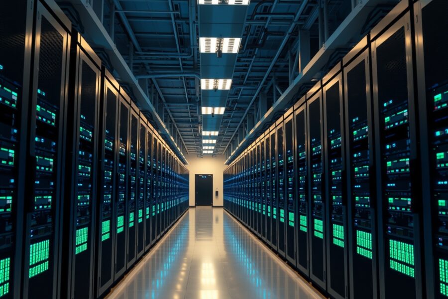 Interior view of a large Bitcoin mining facility with rows of mining computers.
