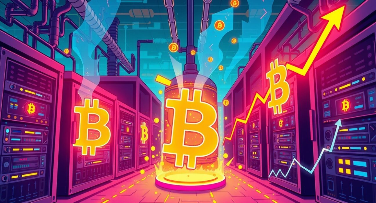 CleanSpark revenue growth shown through vibrant Bitcoin mining and AI computing illustration