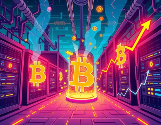CleanSpark revenue growth shown through vibrant Bitcoin mining and AI computing illustration