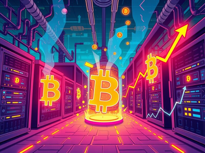 CleanSpark revenue growth shown through vibrant Bitcoin mining and AI computing illustration