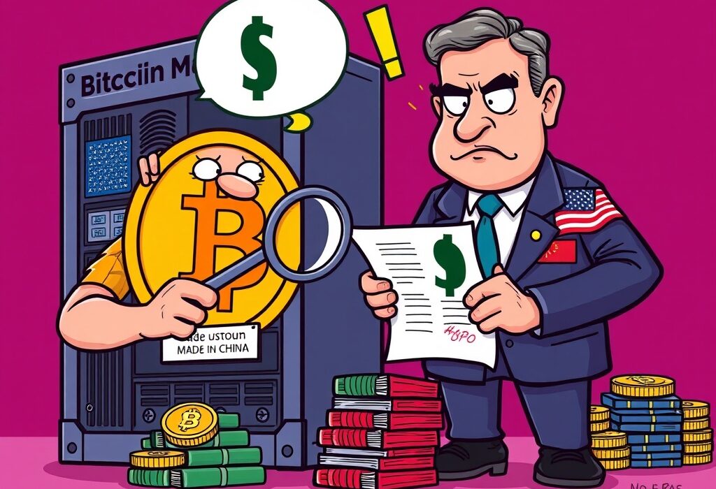 A cartoon illustration depicting the significant financial challenge of CleanSpark tariffs on Bitcoin mining rigs due to import classifications.