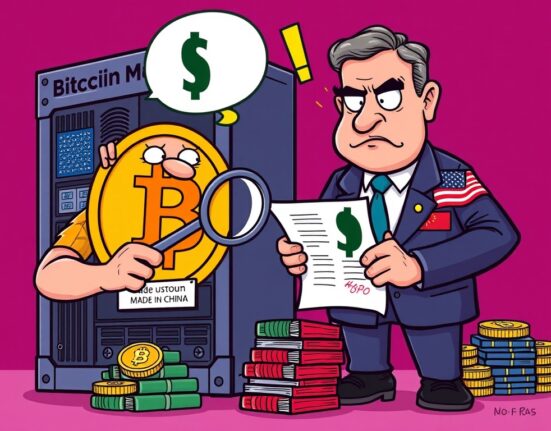 A cartoon illustration depicting the significant financial challenge of CleanSpark tariffs on Bitcoin mining rigs due to import classifications.