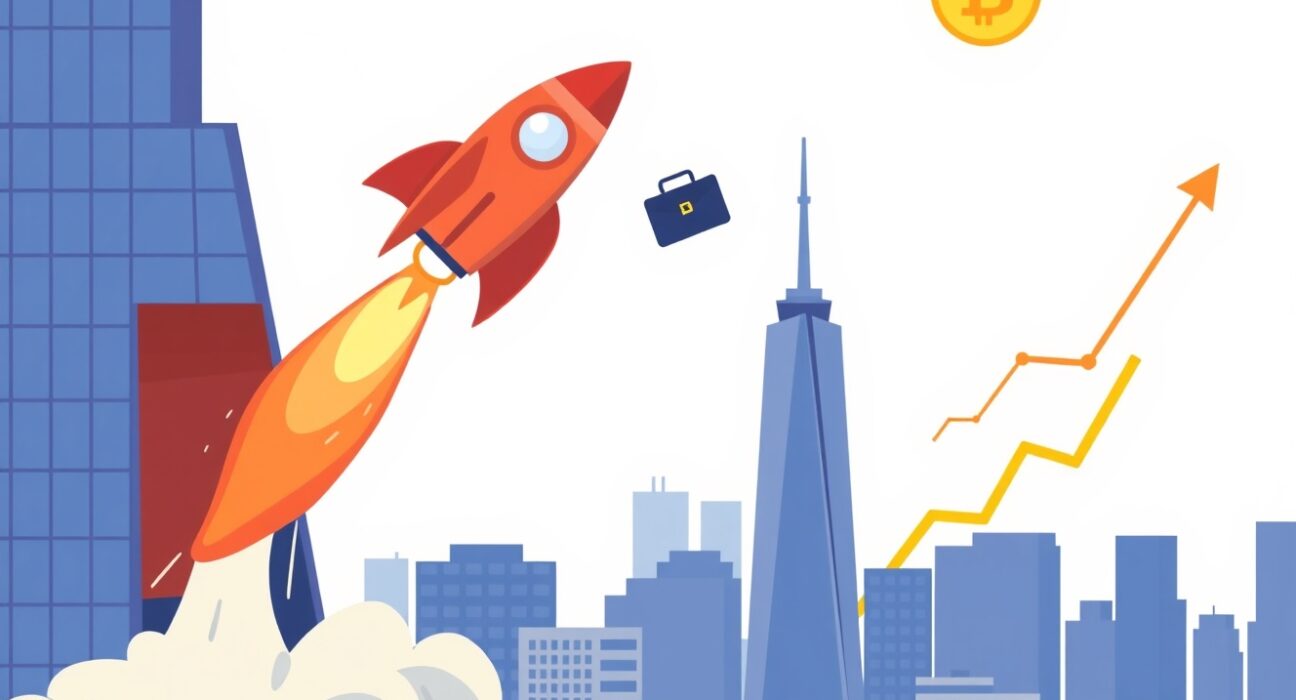 Cartoon illustration of a Clear Street IPO rocket launching from Wall Street, symbolizing the brokerage's bold financial ascent.
