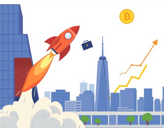 Cartoon illustration of a Clear Street IPO rocket launching from Wall Street, symbolizing the brokerage's bold financial ascent.