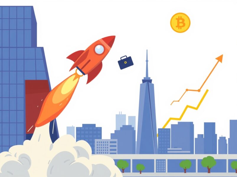 Cartoon illustration of a Clear Street IPO rocket launching from Wall Street, symbolizing the brokerage's bold financial ascent.
