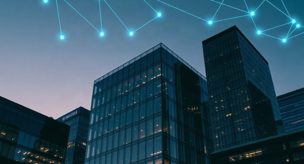 Modern financial district skyline with digital blockchain network overlay representing institutional lending on XRP Ledger
