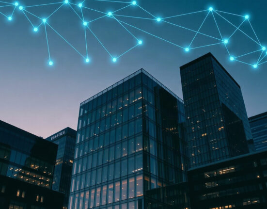 Modern financial district skyline with digital blockchain network overlay representing institutional lending on XRP Ledger