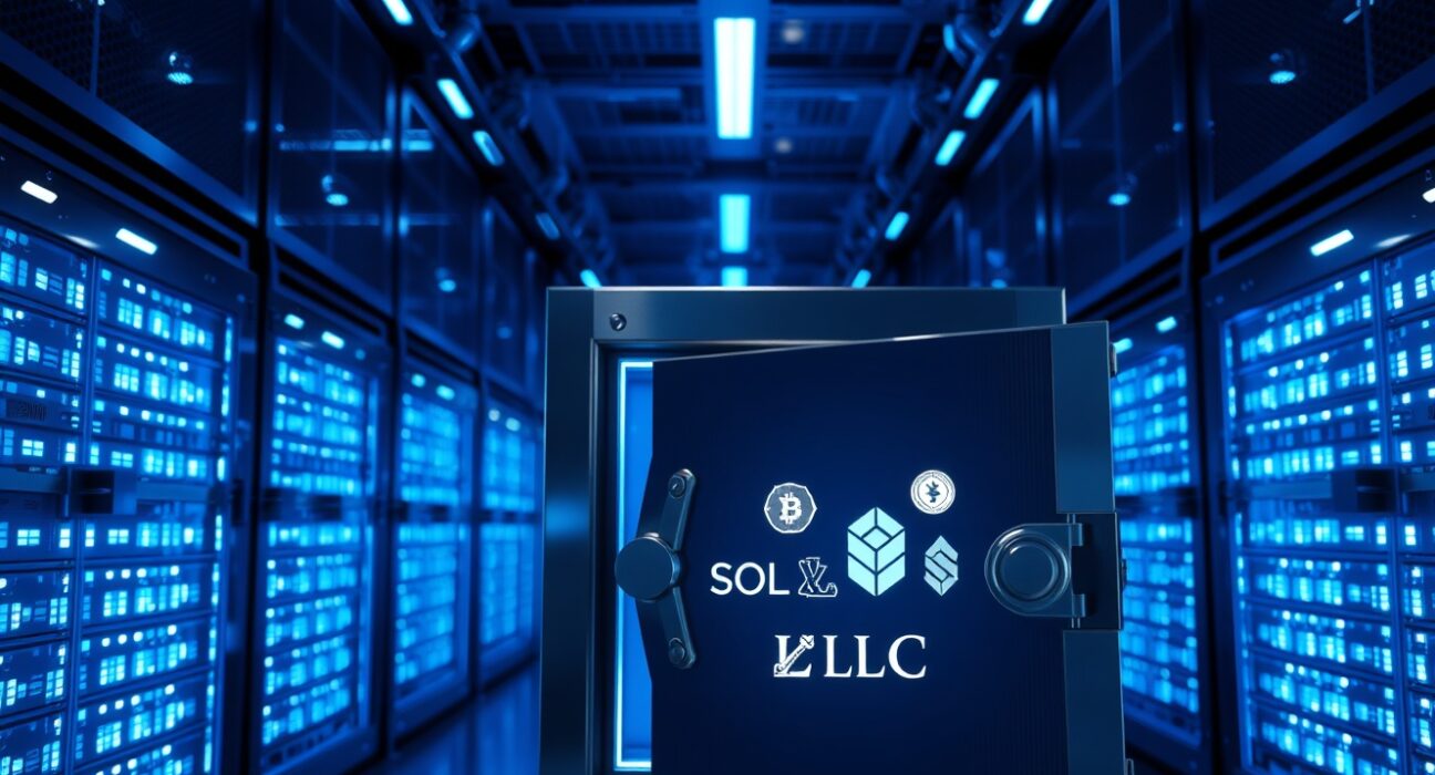 High-security crypto custody facility with digital displays showing XRP, SOL, ADA, and LTC symbols on server hardware.