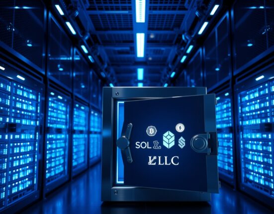 High-security crypto custody facility with digital displays showing XRP, SOL, ADA, and LTC symbols on server hardware.