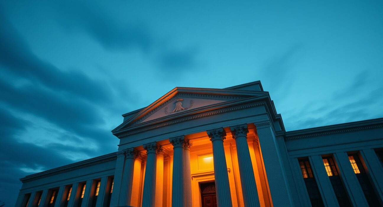 Federal Reserve building in Washington, D.C. at dusk with warm interior lighting