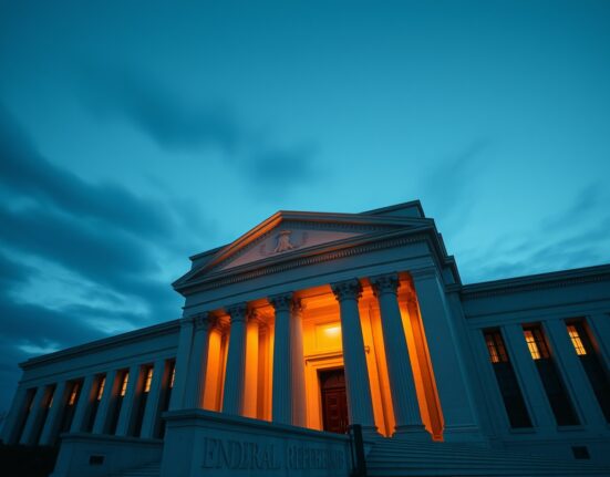 Federal Reserve building in Washington, D.C. at dusk with warm interior lighting