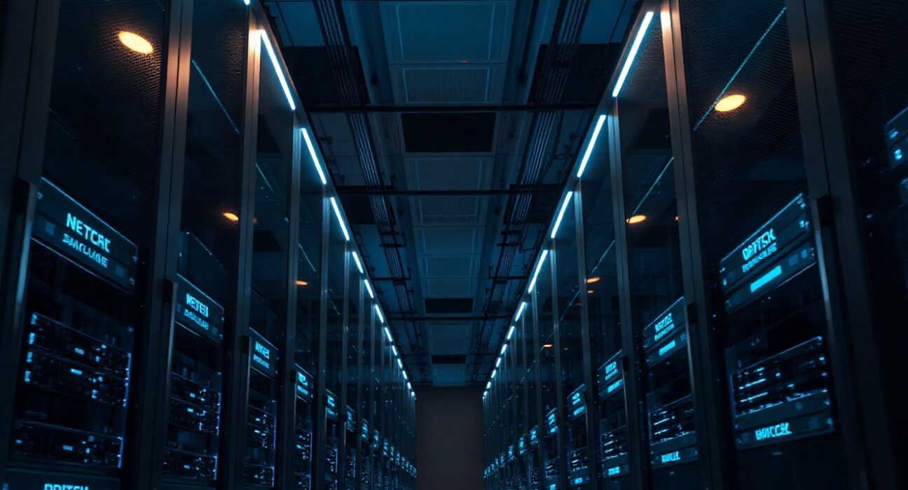 Interior of a modern data center with rows of blue-lit server racks representing ClickHouse's database infrastructure.