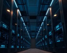 Interior of a modern data center with rows of blue-lit server racks representing ClickHouse's database infrastructure.