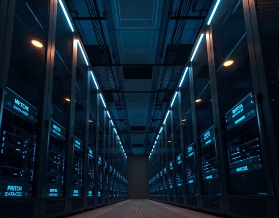 Interior of a modern data center with rows of blue-lit server racks representing ClickHouse's database infrastructure.