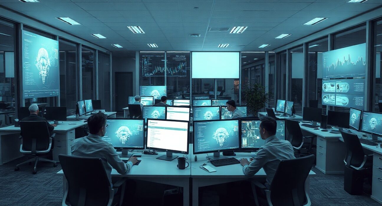 Empty office desks with workers and AI agent interfaces on screens, representing the shift to AI-driven work.