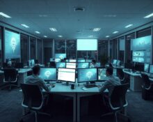 Empty office desks with workers and AI agent interfaces on screens, representing the shift to AI-driven work.