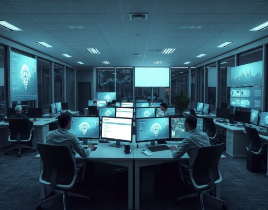 Empty office desks with workers and AI agent interfaces on screens, representing the shift to AI-driven work.