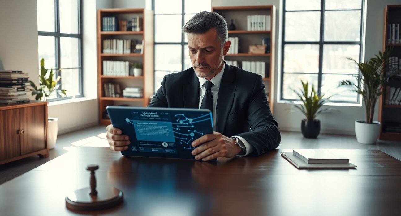 Lawyer reviewing AI-powered legal documents on a tablet in a modern law office