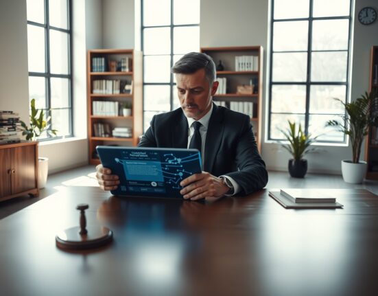 Lawyer reviewing AI-powered legal documents on a tablet in a modern law office