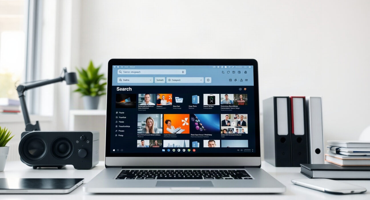 Clipto's AI-powered search interface on a laptop in a bright office, symbolizing content organization.