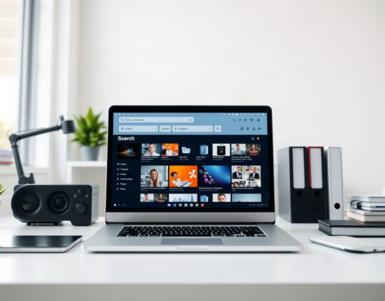 Clipto's AI-powered search interface on a laptop in a bright office, symbolizing content organization.
