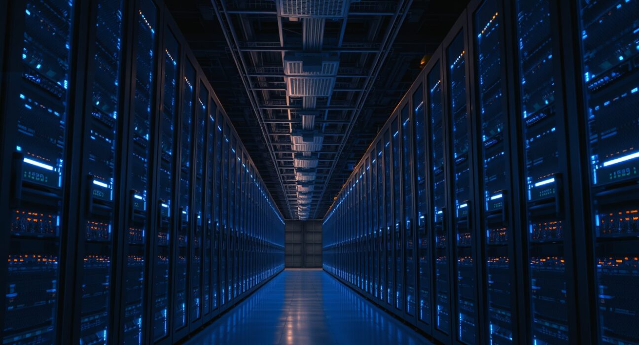 Interior of a large, modern data center with rows of server racks illuminated by blue and amber lights.