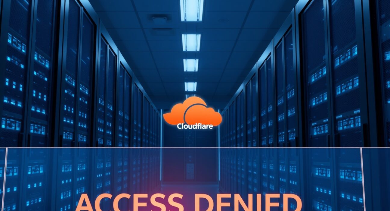 Data center server racks with a digital access denied overlay representing Cloudflare blocking AI crawlers.