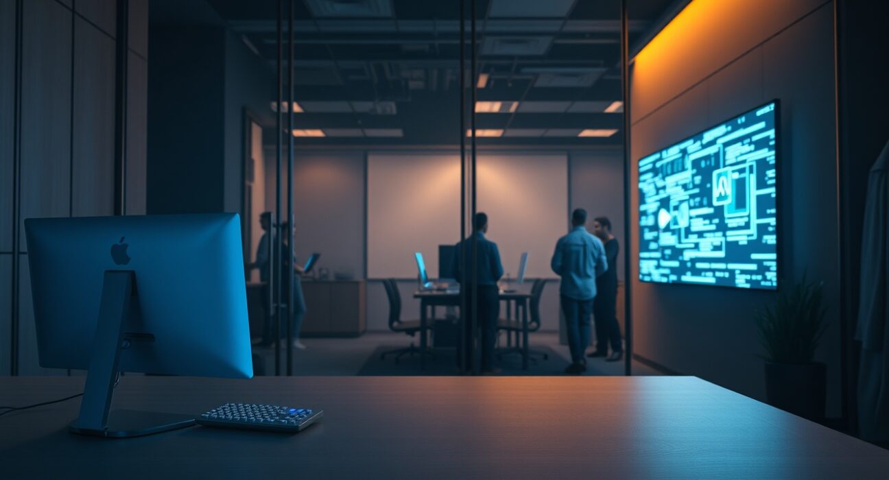 Empty desk in a dim office with employees working near a glowing AI data screen in the background