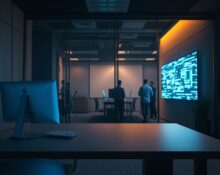 Empty desk in a dim office with employees working near a glowing AI data screen in the background