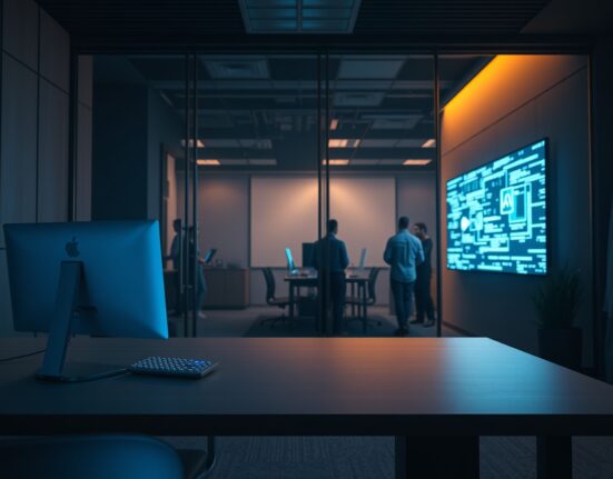 Empty desk in a dim office with employees working near a glowing AI data screen in the background
