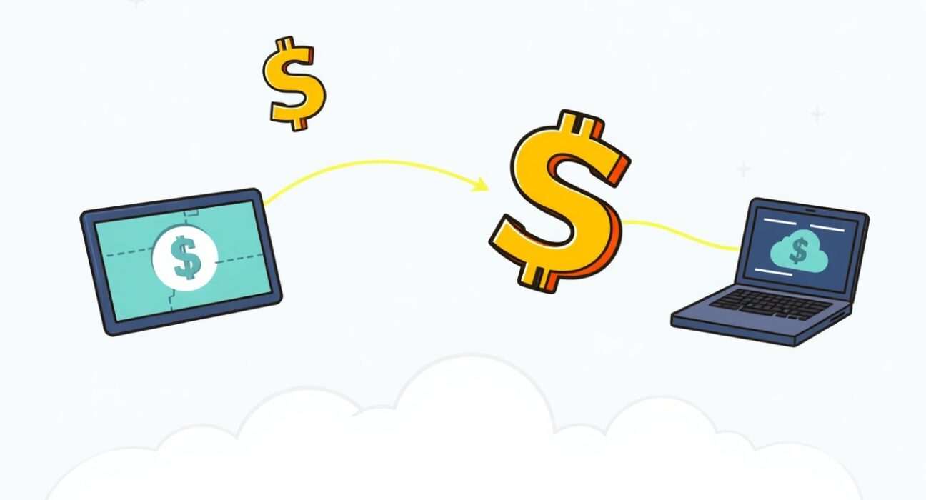 Cartoon showing Cloudflare's new Netdollar stablecoin enabling swift and secure cross-network transactions across digital platforms.