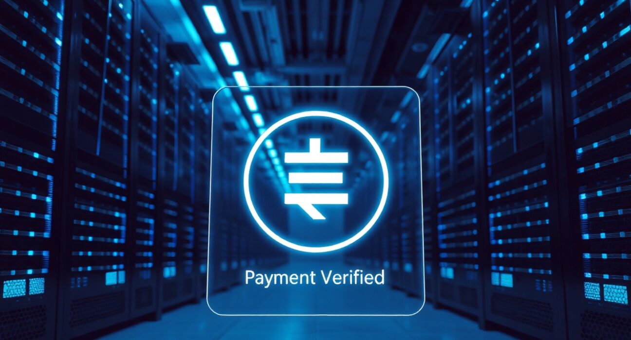 Interior of a modern data center with a digital interface showing a stablecoin payment verification symbol.