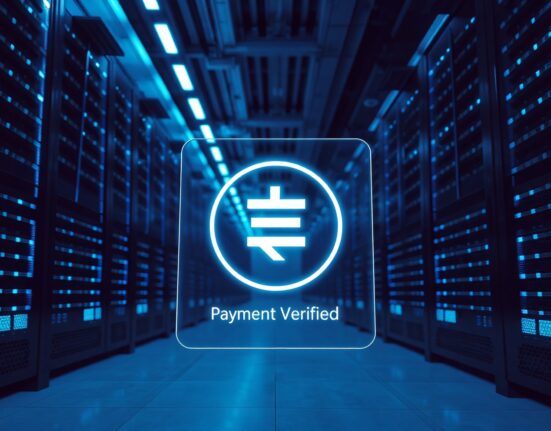 Interior of a modern data center with a digital interface showing a stablecoin payment verification symbol.