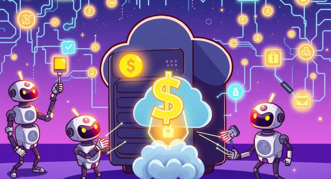 A cartoon illustrating the secure and instant transactions facilitated by the Cloudflare stablecoin NET Dollar for AI agents.