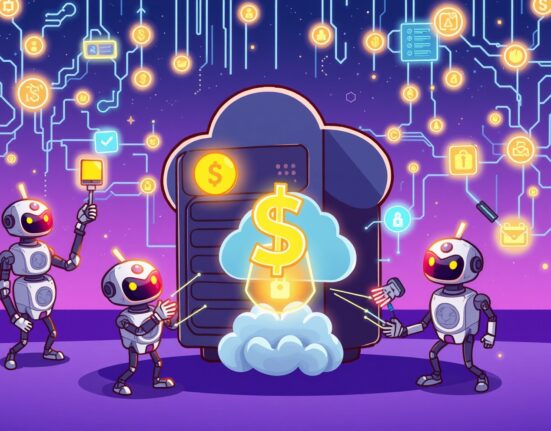 A cartoon illustrating the secure and instant transactions facilitated by the Cloudflare stablecoin NET Dollar for AI agents.