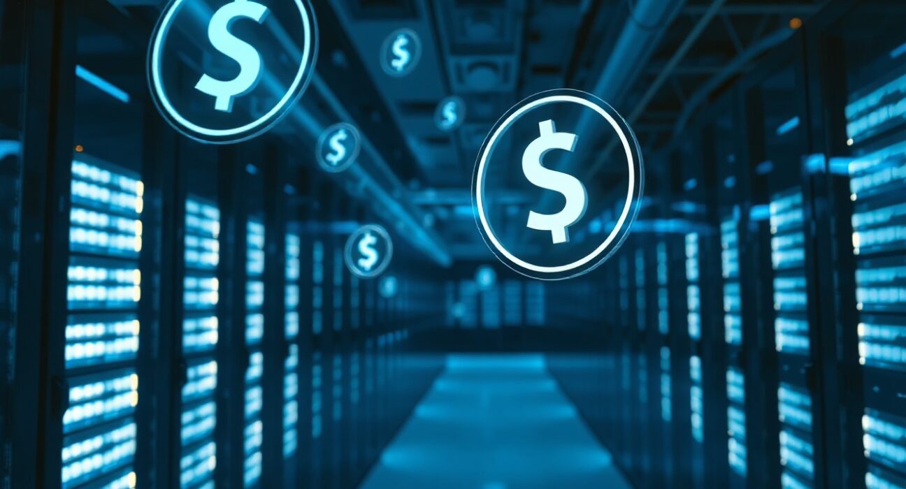 Cloudflare stablecoin wallet for AI agents concept with server racks and digital payment icons
