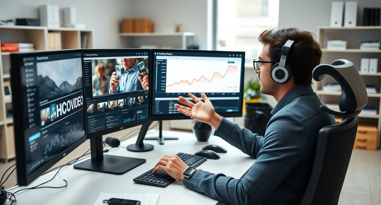 Content creator working on video clipping and analytics at a modern desk with multiple screens