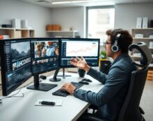 Content creator working on video clipping and analytics at a modern desk with multiple screens