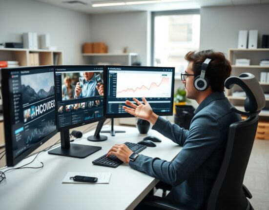 Content creator working on video clipping and analytics at a modern desk with multiple screens